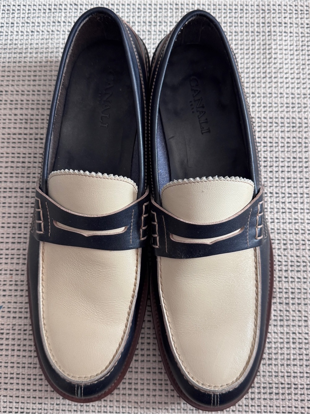 Canali Two-Tone Cream and Navy Blue Leather Italian Loafers Sz 45/US 12